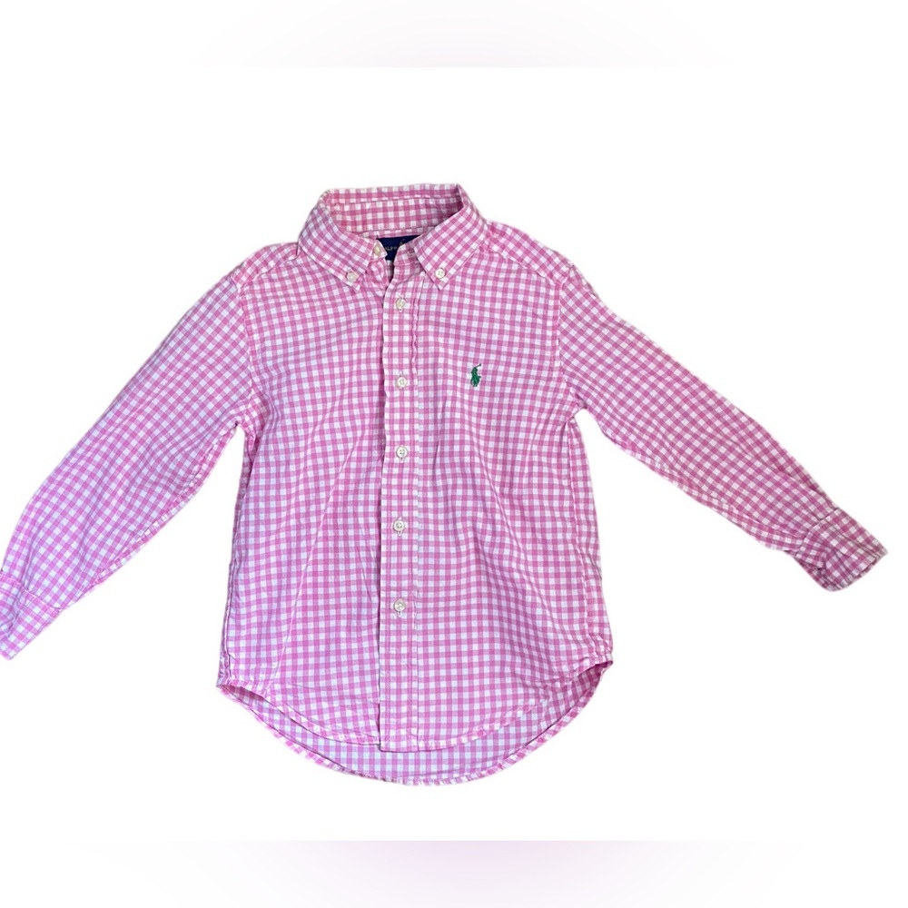 Ralph Lauren pink gingham button down long sleeve shirt with green pony - 4t